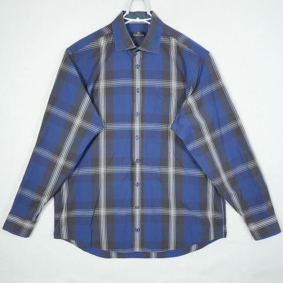 BUGATCHI UOMO Button Shirt Men's Size 2XL XXL Blue Plaid Long Sleeved Flip Cuff - Picture 2 of 7
